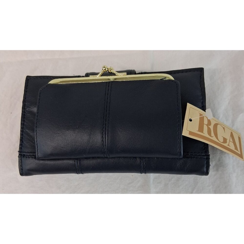 RGA Genuine Leather Check Clutch Wallet Black w Christmas Gift Box NWT open box